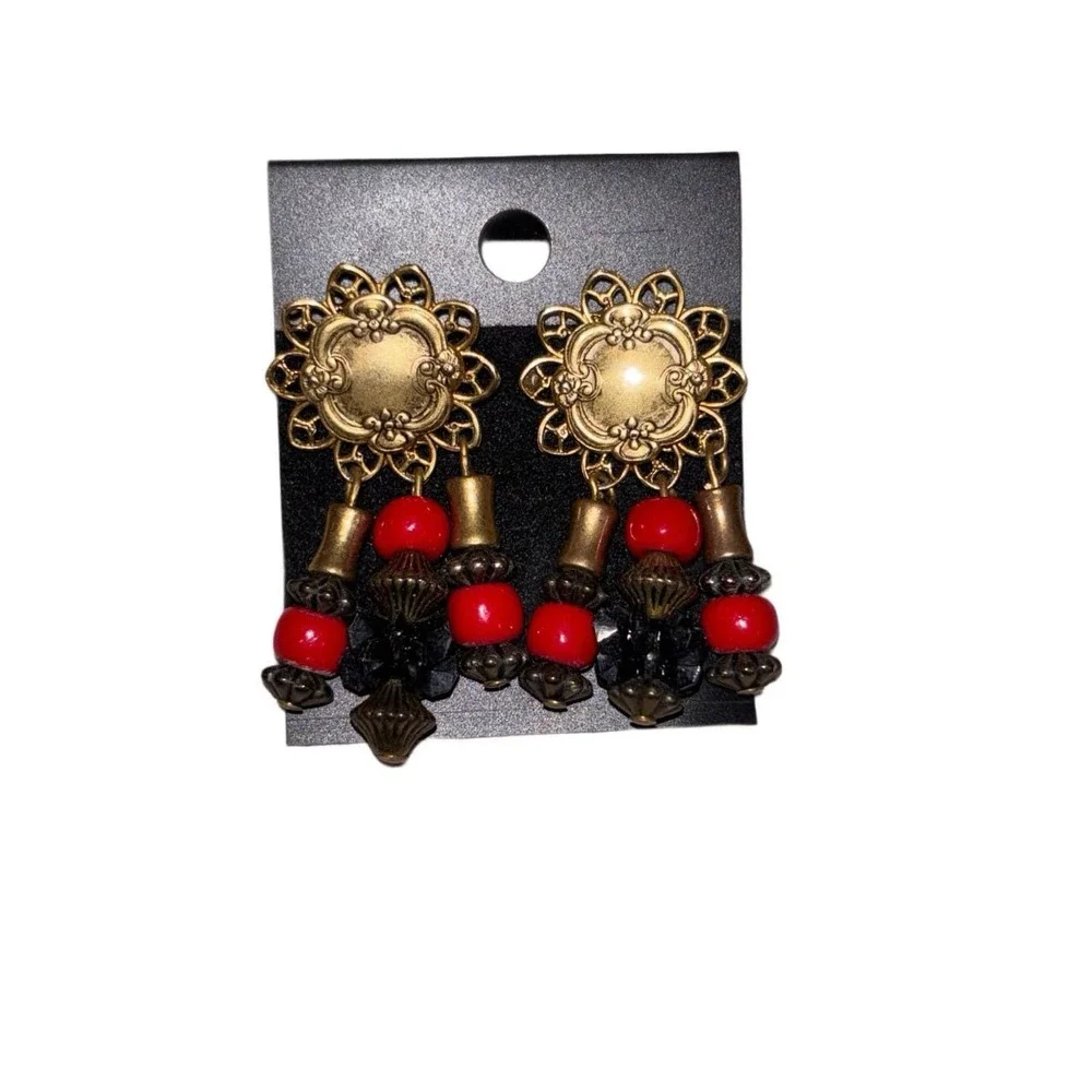 Vtg Goldtoned‎ Metal Earrings w Multicolor Dangling Beads Retro Statement